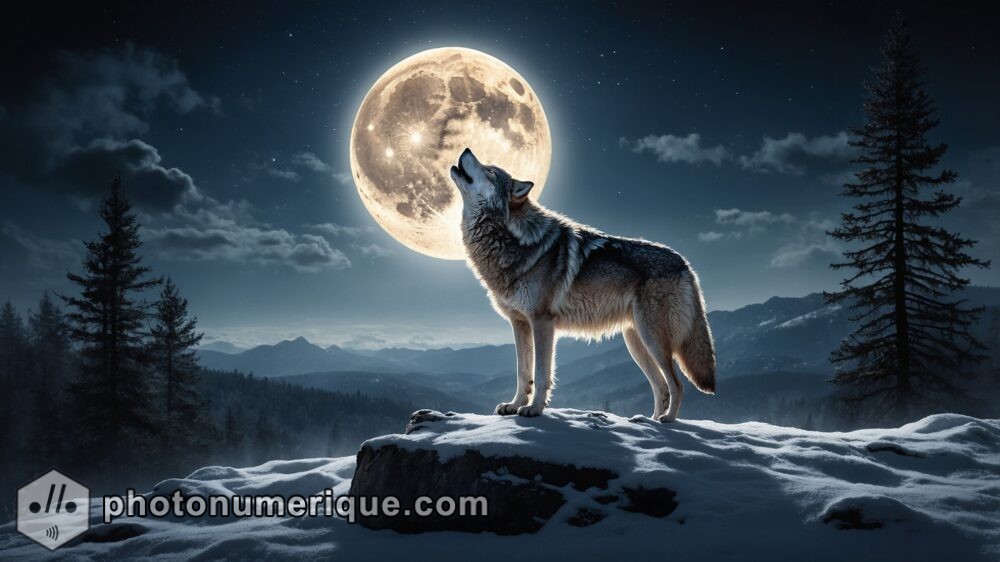 A striking image of a lone wolf standing on a snow-covered hill, howling at the full moon.