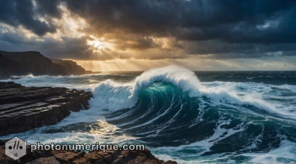 A breathtaking seascape of a massive wave crashing against rocky cliffs under a dramatic sky.