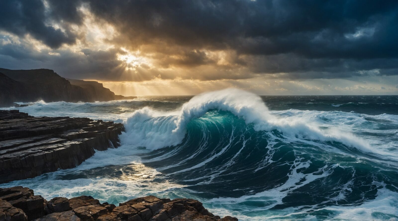 A breathtaking seascape of a massive wave crashing against rocky cliffs under a dramatic sky.