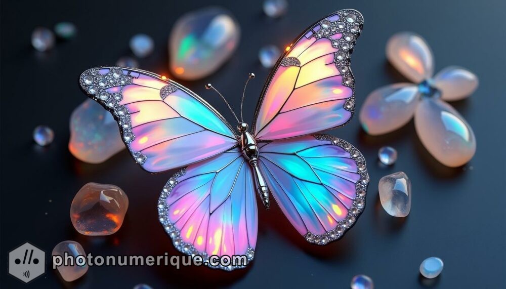 a hyperrealistic image of a multicolored butterfly with opalescent wings that shimmer in the light, reflecting a rainbow of hues.