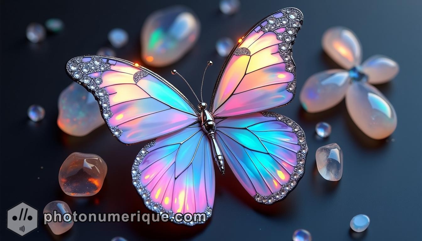 a hyperrealistic image of a multicolored butterfly with opalescent wings that shimmer in the light, reflecting a rainbow of hues.