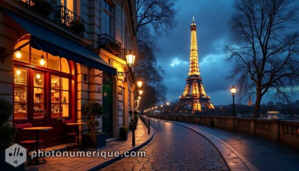 a stunning hyperrealistic image of Paris at twilight, featuring the Eiffel Tower illuminated against a deep blue sky.