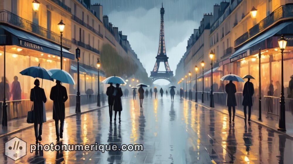 A rainy day in Paris, with pedestrians walking under umbrellas along the Seine.