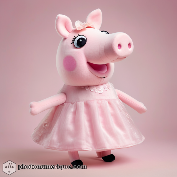 A hyperrealistic portrait of a plush Peppa Pig in a gentle, pastel pink monochromatic color scheme.