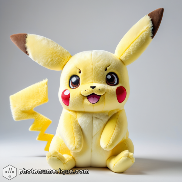 A hyperrealistic portrait of a plush Pikachu from Pokémon in a soft, pastel yellow monochromatic color scheme.