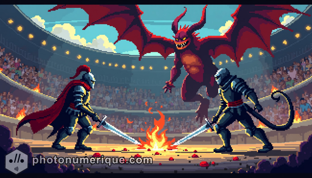 An epic clash of heroes and monsters, brought to life through pixel art.