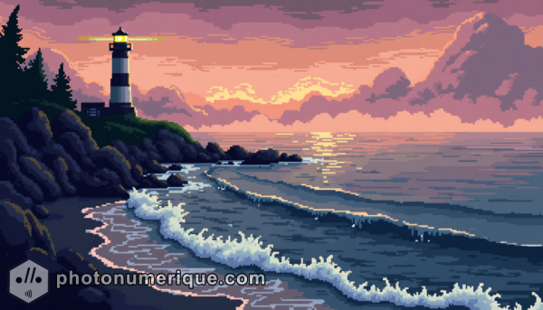 A tranquil seascape, pixelated to capture the beauty of the ocean.