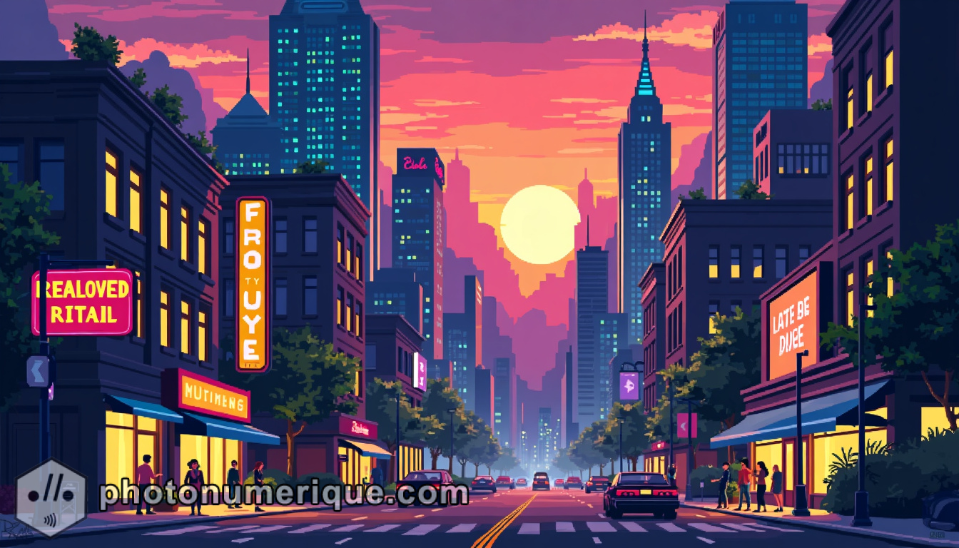 A bustling pixelated city, alive with energy and vibrant colors