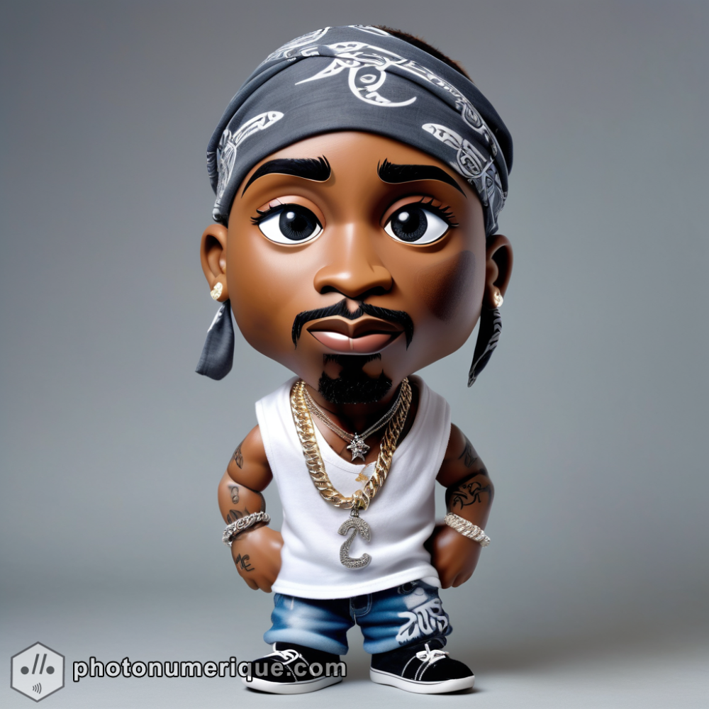 A hyperrealistic image of a plush caricature of 2Pac.