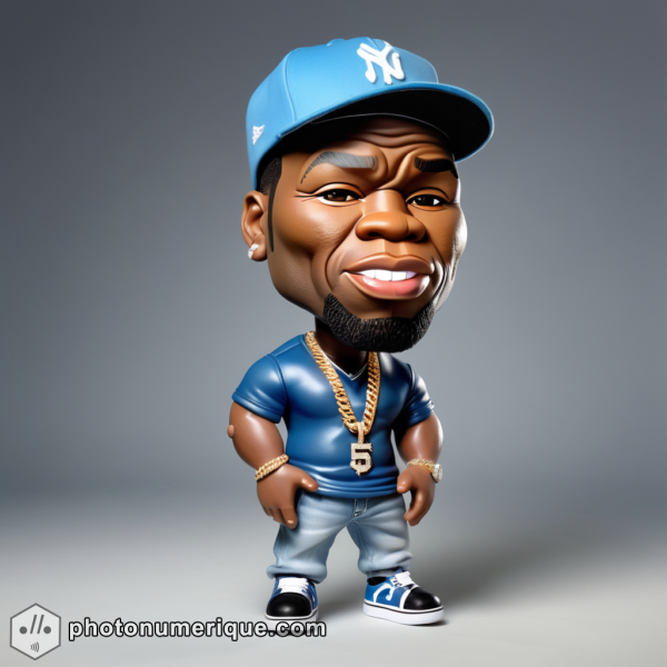 A hyperrealistic image of a plush caricature of 50 Cent.