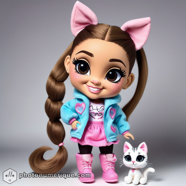 a hyperrealistic image of a plush caricature of Ariana Grande