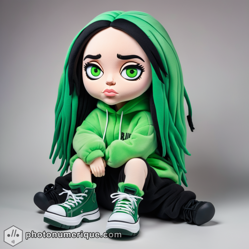 a hyperrealistic image of a plush caricature of Billie Eilish.