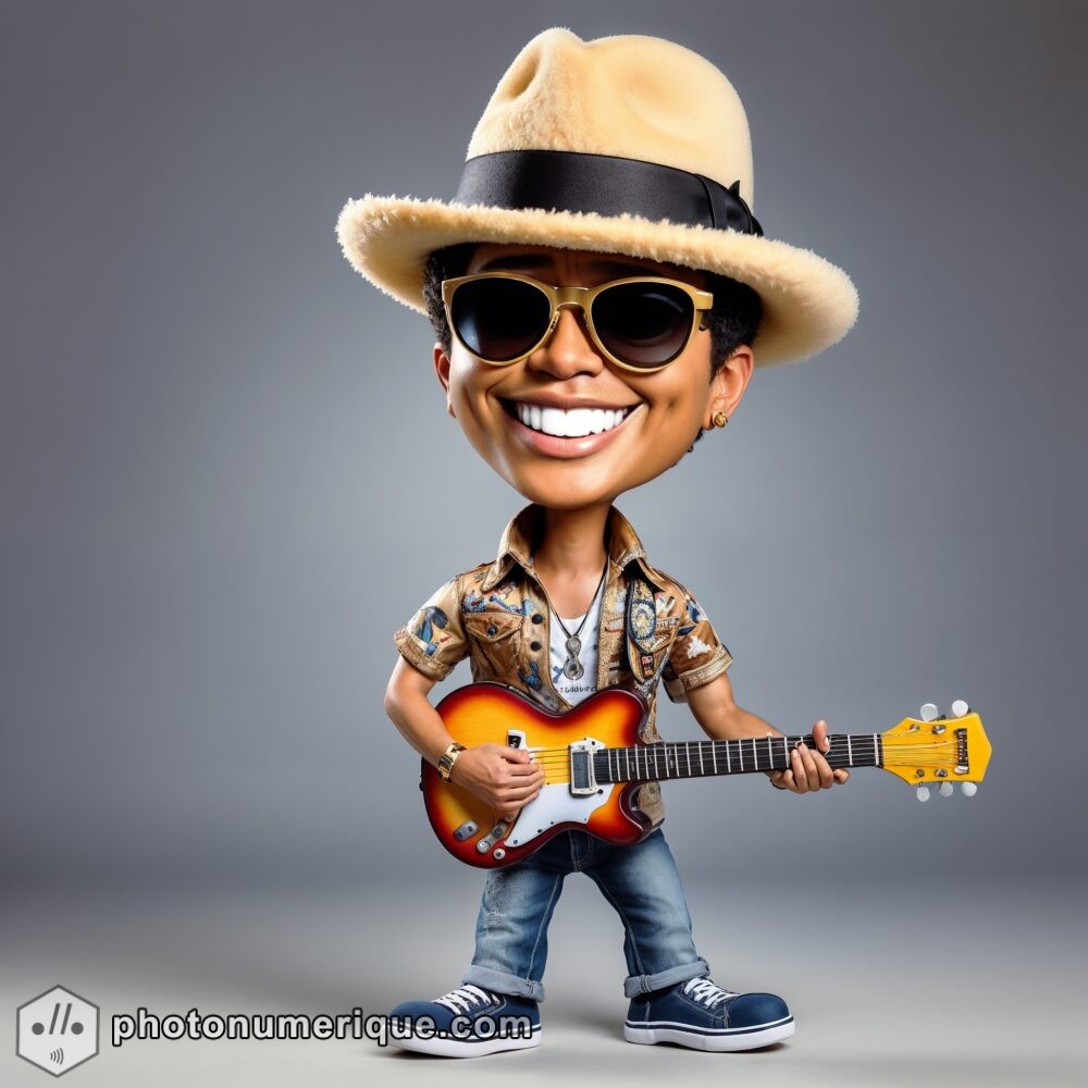 A hyperrealistic image of a plush caricature of Bruno Mars.