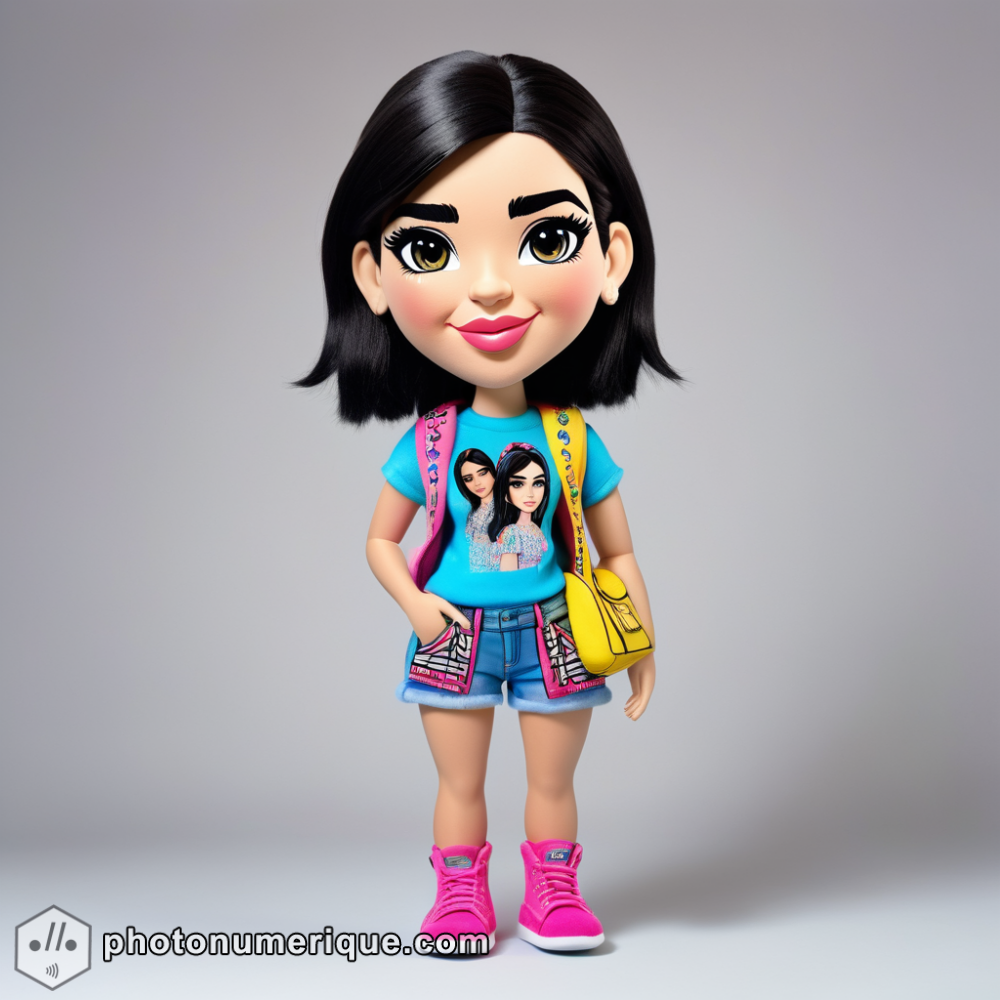 a hyperrealistic image of a plush caricature of Dua Lipa.