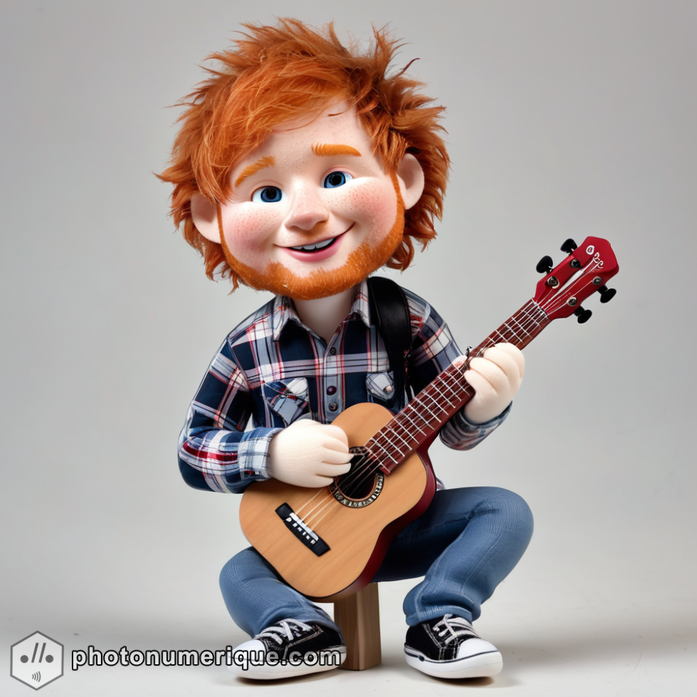 a hyperrealistic image of a plush caricature of Ed Sheeran.