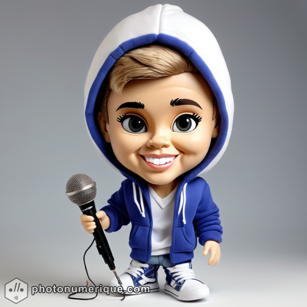 a hyperrealistic image of a plush caricature of Justin Bieber.