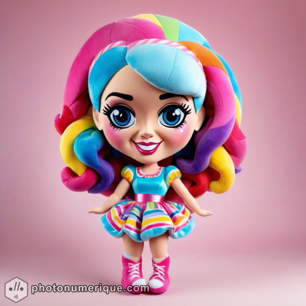 A hyperrealistic image of a plush caricature of Katy Perry.