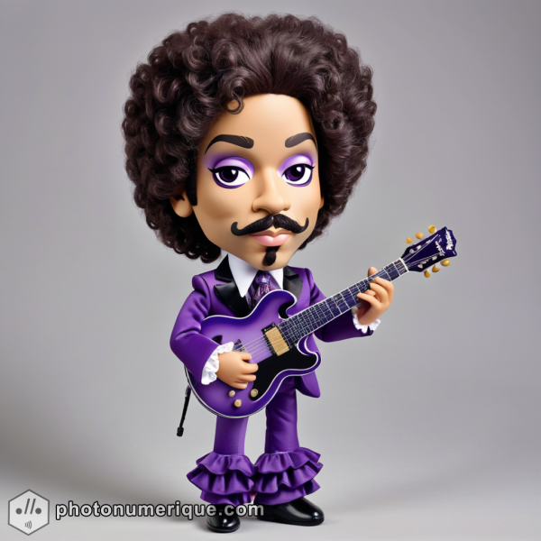 A hyperrealistic image of a plush caricature of Prince.