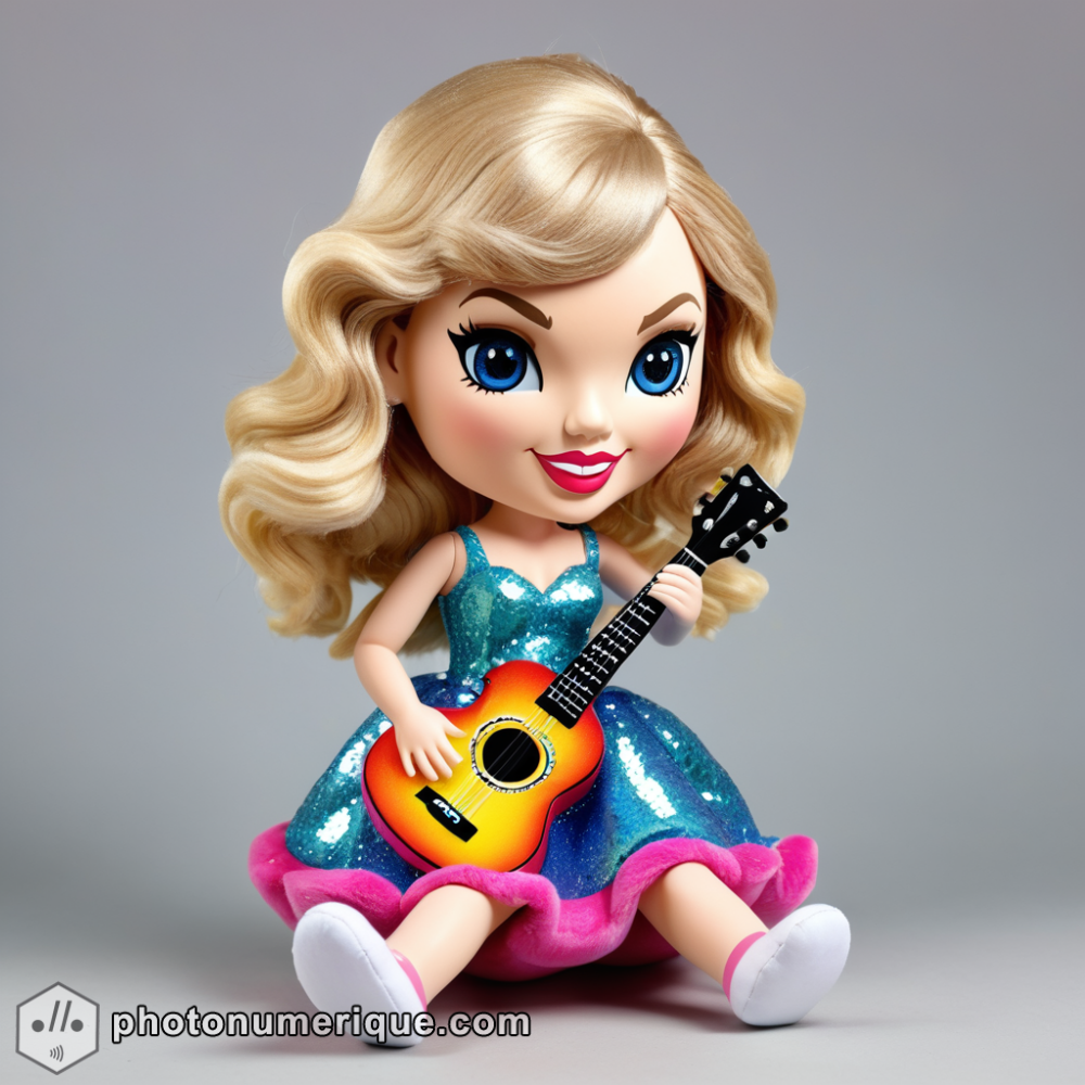 a hyperrealistic image of a plush caricature of Taylor Swift