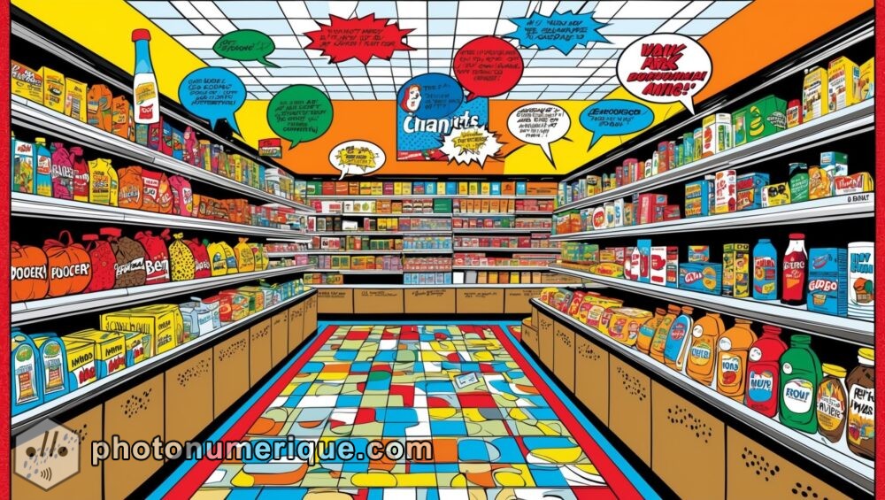 A Pop Art scene of a supermarket aisle filled with iconic consumer products.