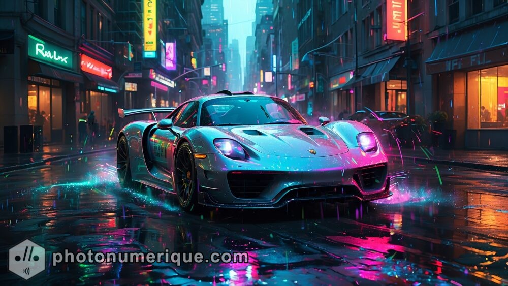 A high-energy image of the Porsche 918 Spyder racing through a rain-soaked city at night.