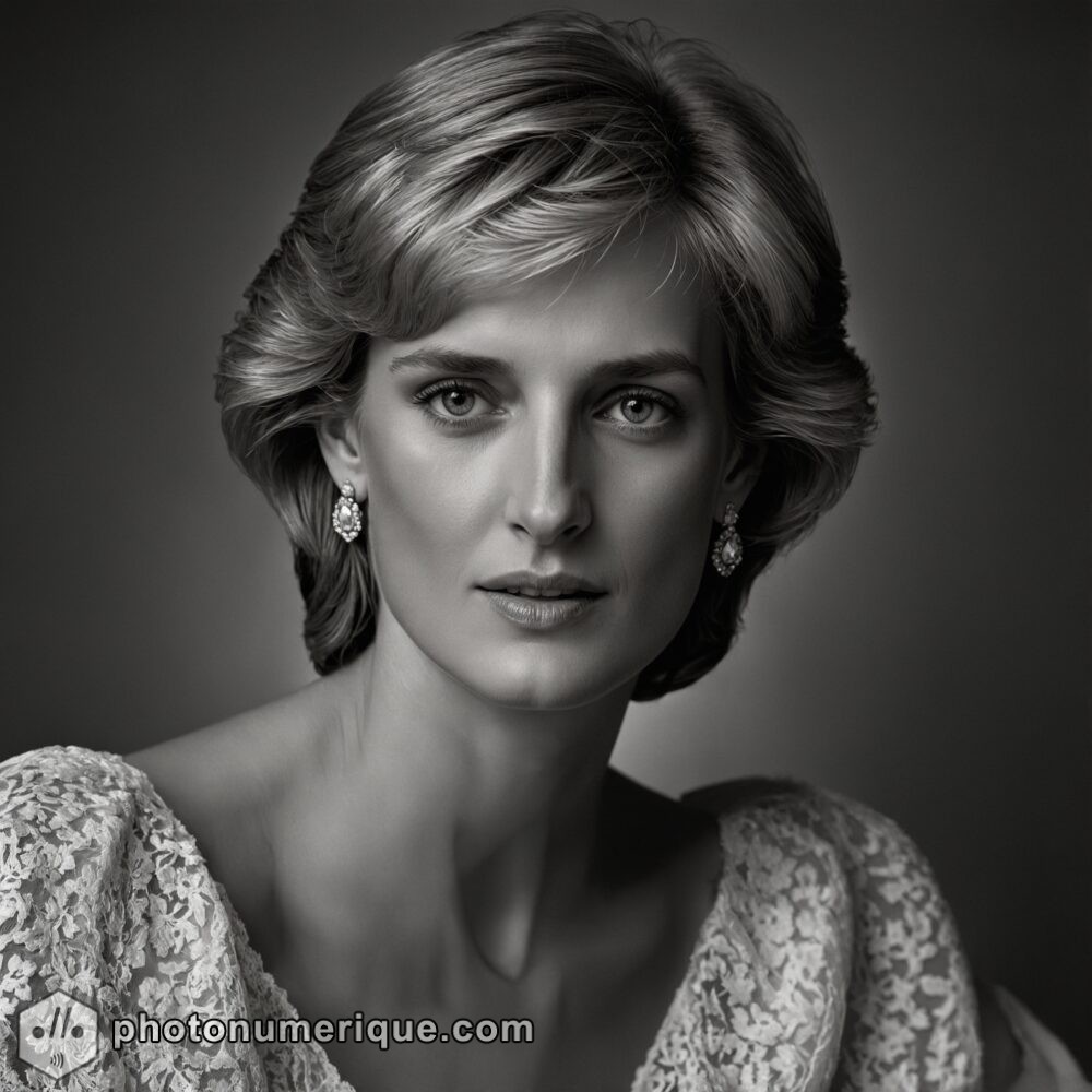 a hyperrealistic black-and-white portrait of Princess Diana in the iconic Studio Harcourt style.