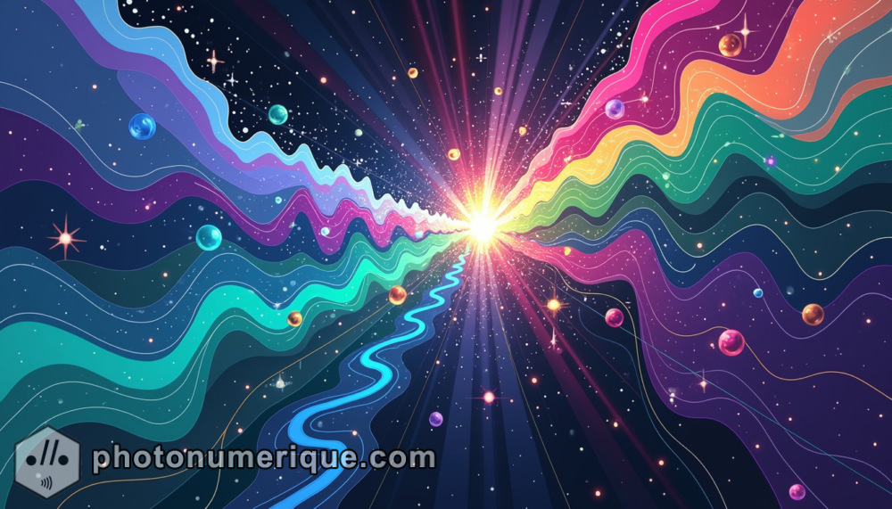 A vibrant depiction of a quantum leap, with particles and waves converging in a burst of energy and light. 