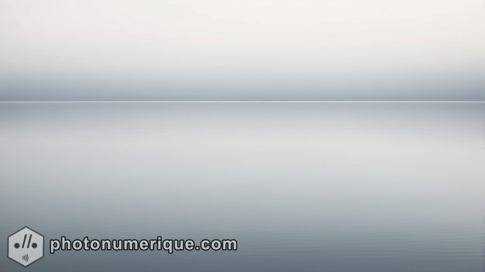 A minimalist depiction of a still body of water, such as a lake or pond, with a barely visible horizon line.