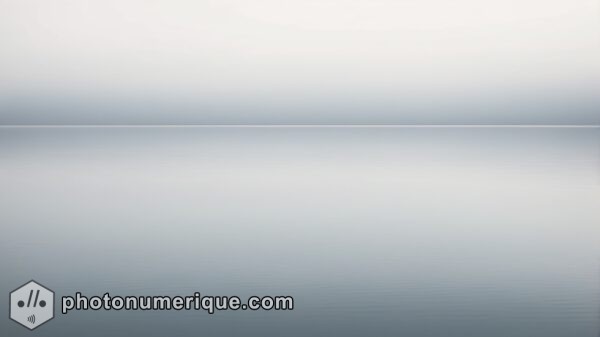 A minimalist depiction of a still body of water, such as a lake or pond, with a barely visible horizon line.