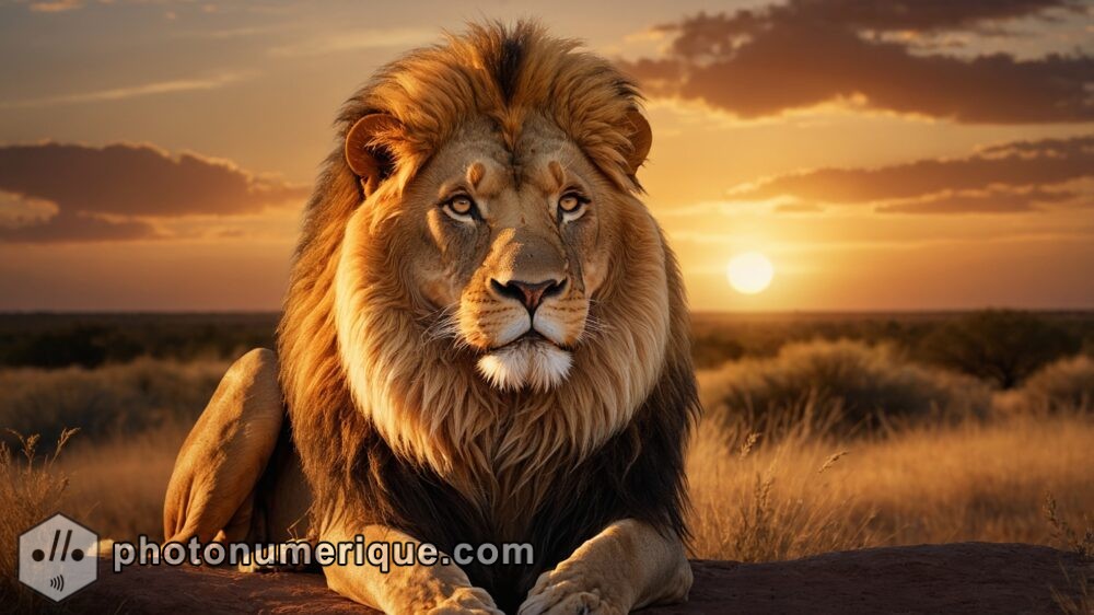 A hyperrealistic portrait of a male lion, captured at sunset with golden light illuminating its mane.