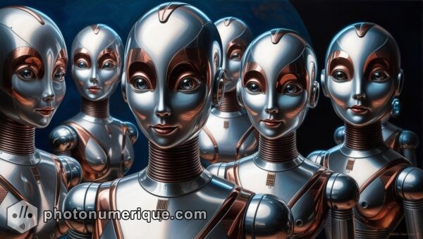 A portrayal of robots in a retro-futuristic style, showcasing the blend of human and machine in a future that never was.