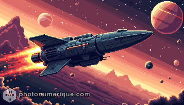 An 8-bit journey through the cosmos, filled with stars, planets, and spacecraft.