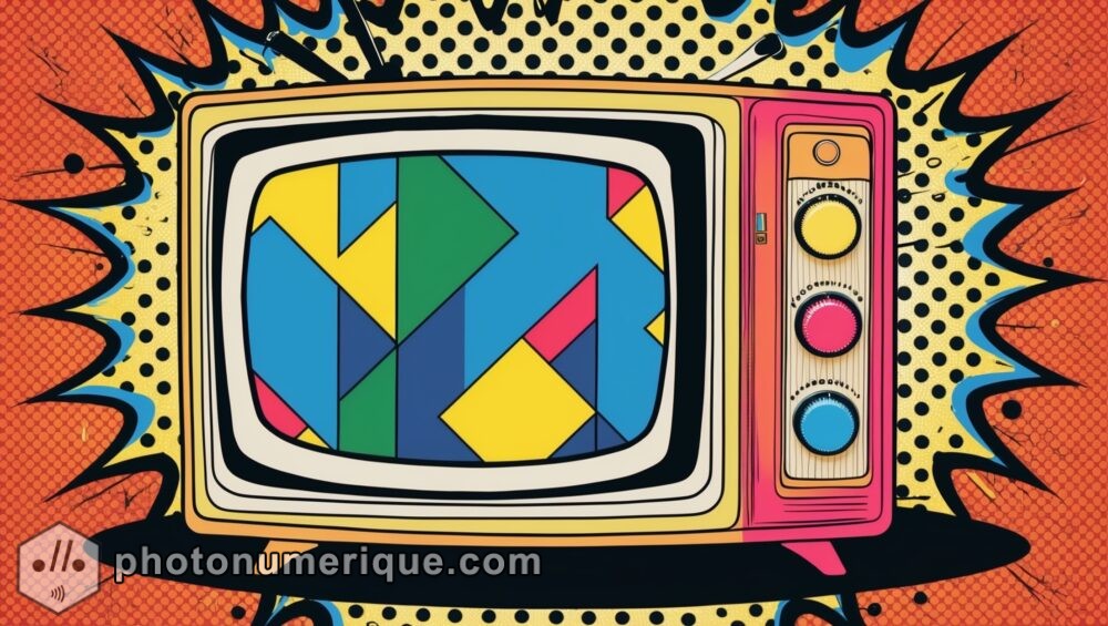 a Pop Art piece featuring a retro television set, displaying a static screen with colorful, geometric patterns.