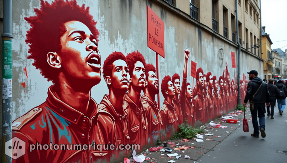 A powerful mural depicting a social protest in bold red tones.