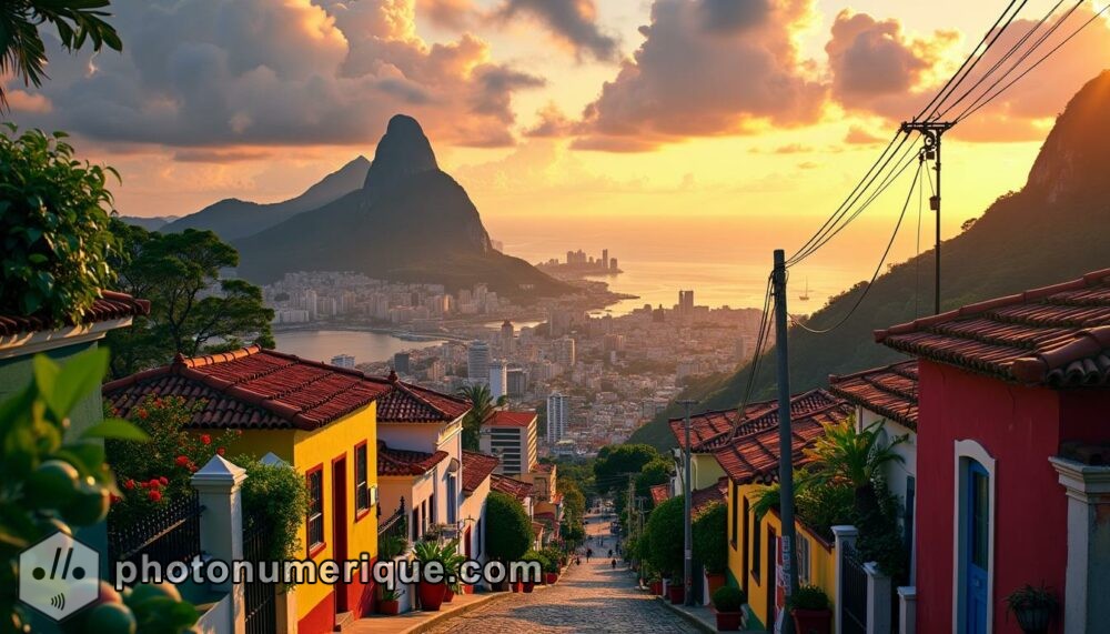 a vibrant hyperrealistic image of Rio de Janeiro at sunset, with the Christ the Redeemer statue overlooking the city and Sugarloaf Mountain in the distance.