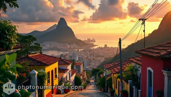 a vibrant hyperrealistic image of Rio de Janeiro at sunset, with the Christ the Redeemer statue overlooking the city and Sugarloaf Mountain in the distance.