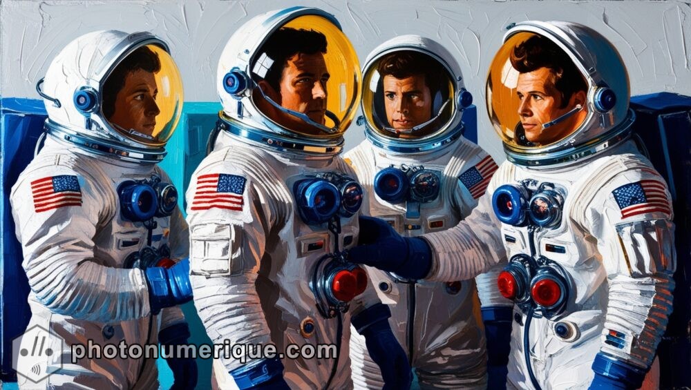 A celebration of space exploration, showcasing astronauts in retro-futuristic suits preparing for a mission.