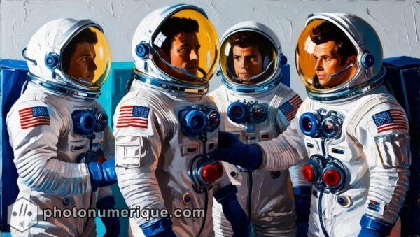 A celebration of space exploration, showcasing astronauts in retro-futuristic suits preparing for a mission.