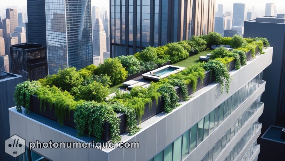 An illustration of a sleek, modern building with a rooftop garden, surrounded by a bustling cityscape.