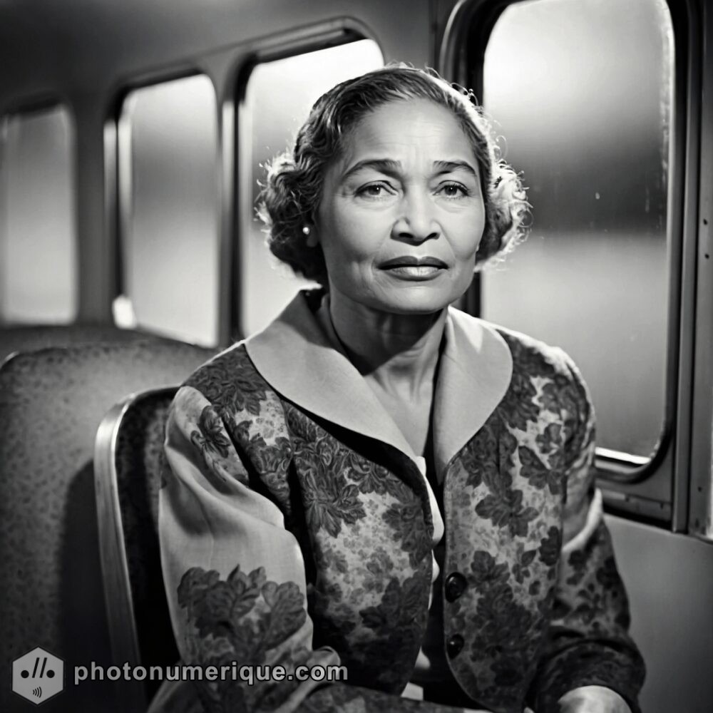 A dignified black-and-white portrait of Rosa Parks, emphasizing her calm strength and determination.