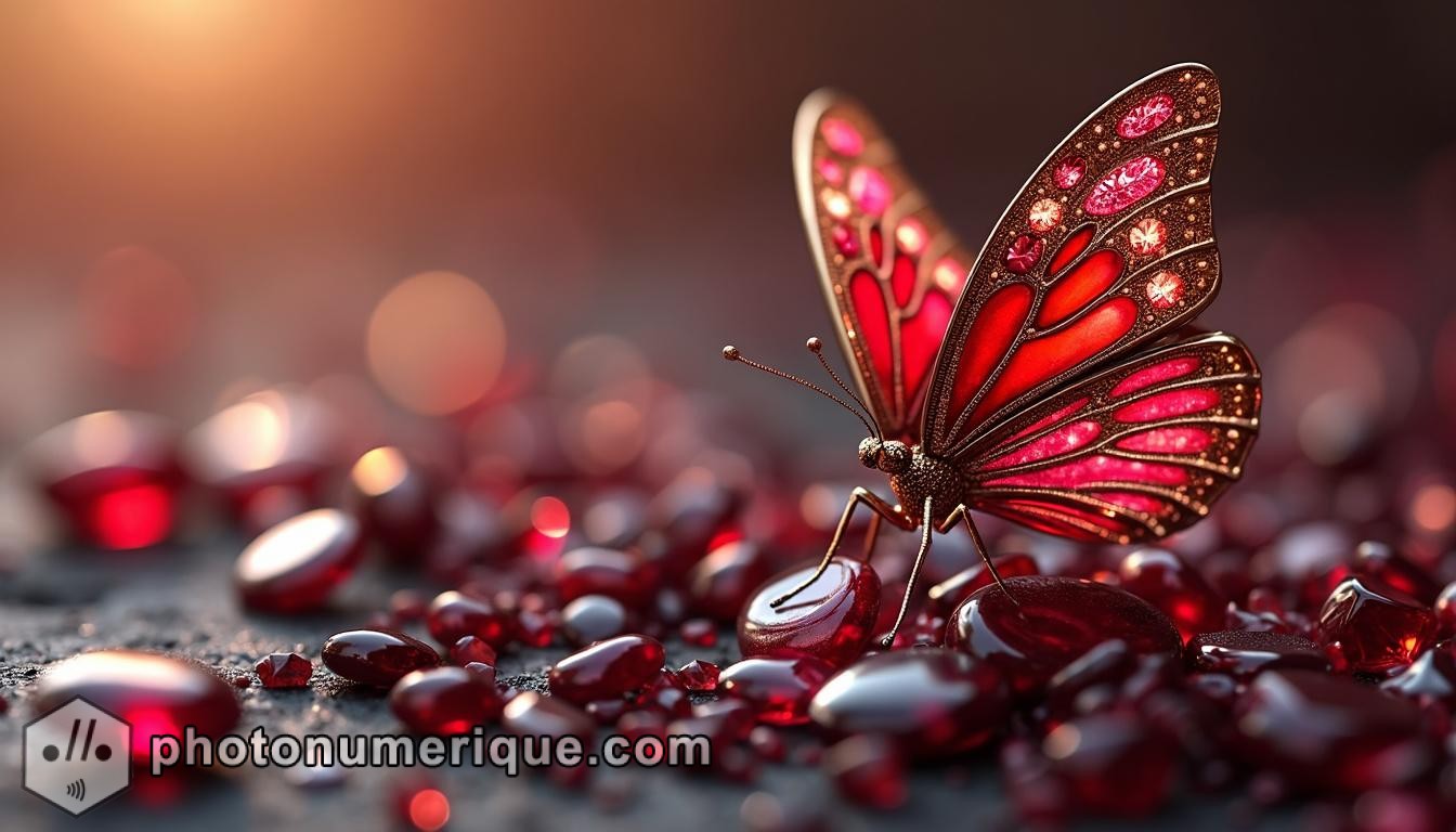 A hyperrealistic image of a deep red butterfly with ruby-encrusted wing patterns.