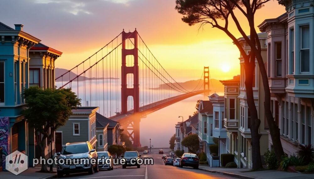 a picturesque hyperrealistic image of San Francisco at sunrise, with the Golden Gate Bridge shrouded in morning fog. In the foreground, depict a quiet street in the Mission District, lined with colorful murals and Victorian houses.