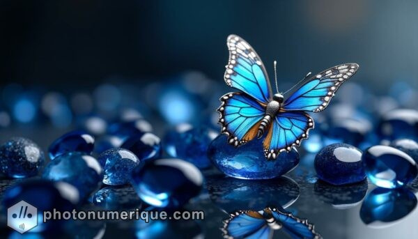 a hyperrealistic image of a vibrant sapphire blue butterfly resting on a cluster of polished sapphire stones.