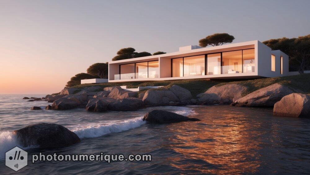 A serene image of a contemporary seaside villa perched on a rocky coastline at sunset.