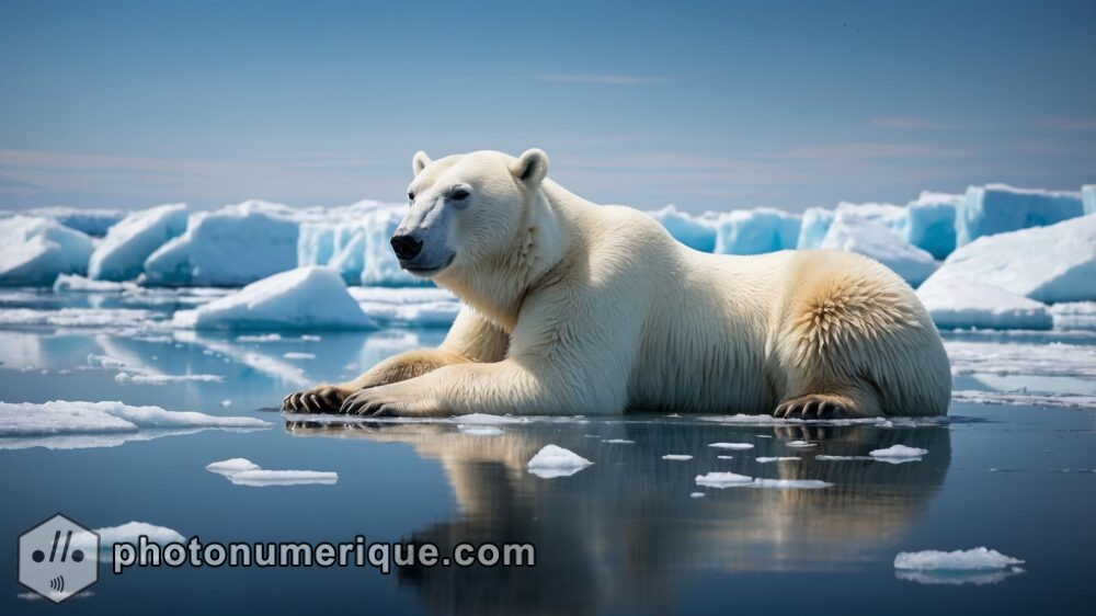  A serene scene of a polar bear resting on a floating ice sheet in the Arctic.