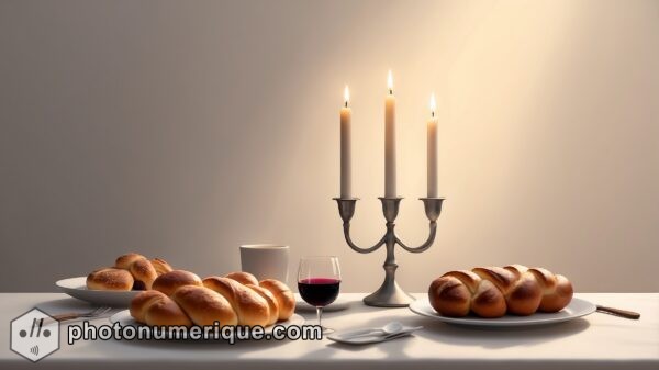 a minimalist image of a Shabbat table set for dinner, focusing on the essential elements: candles, challah, and wine