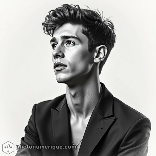 an elegant black-and-white portrait of Shawn Mendes, combining hyperrealism with caricature.