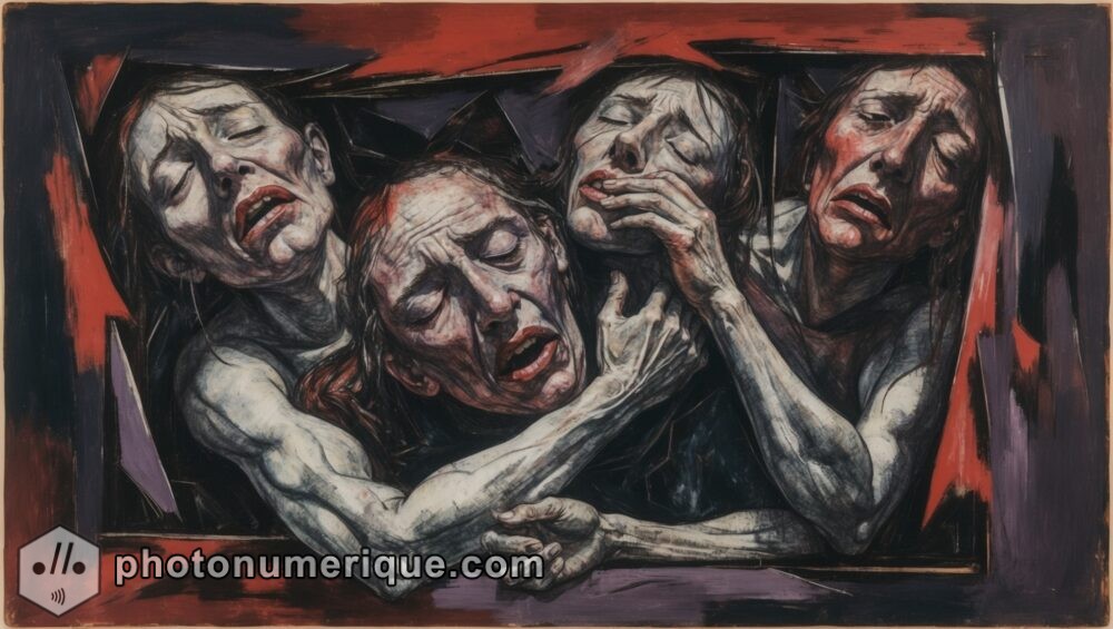 An abstract depiction of repressed emotion, with distorted faces and figures twisted in silent anguish.