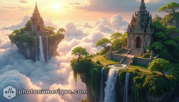 a hyperrealistic, surreal scene of ancient temples built on floating islands high above the clouds.