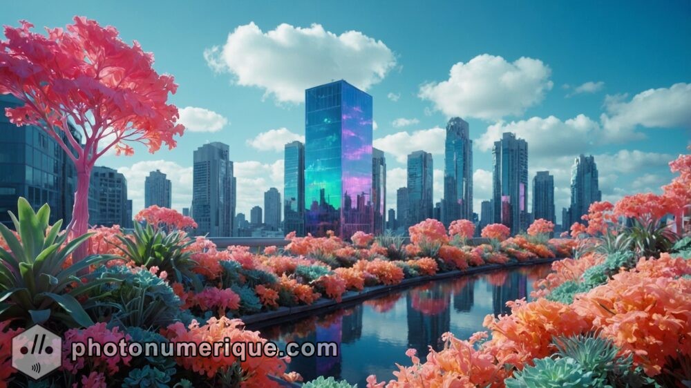 A futuristic urban skyline where every building is covered in vertical gardens and green terraces.